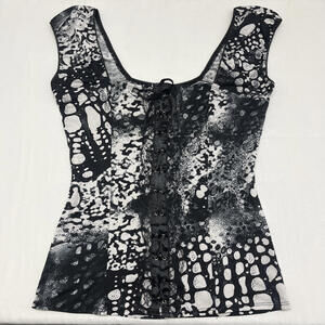 Y2K Early 2000s "MIA" black white abstract print lace up sleeveless corset top M